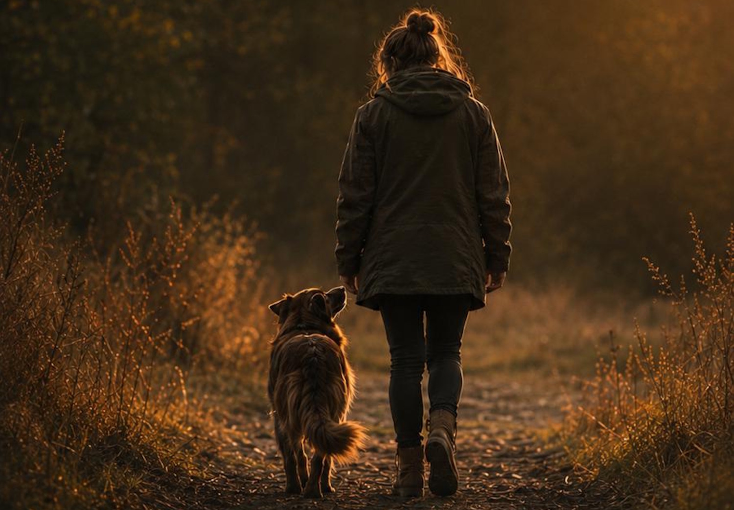 Person geht im Gegenlicht einen herbstlichen Feldweg entlang, ein dunkler Hund läuft dicht daneben