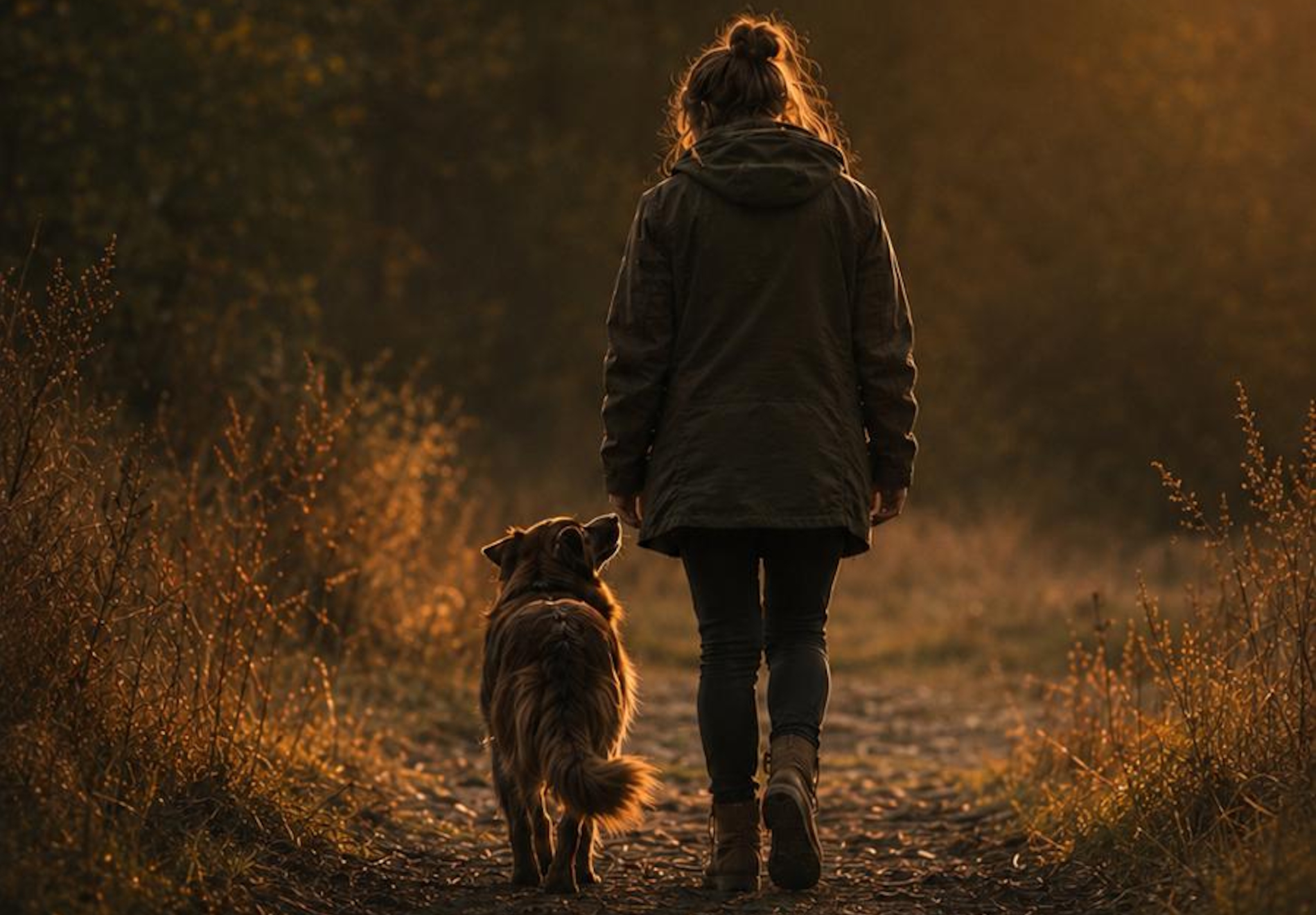 Person geht im Gegenlicht einen herbstlichen Feldweg entlang, ein dunkler Hund läuft dicht daneben